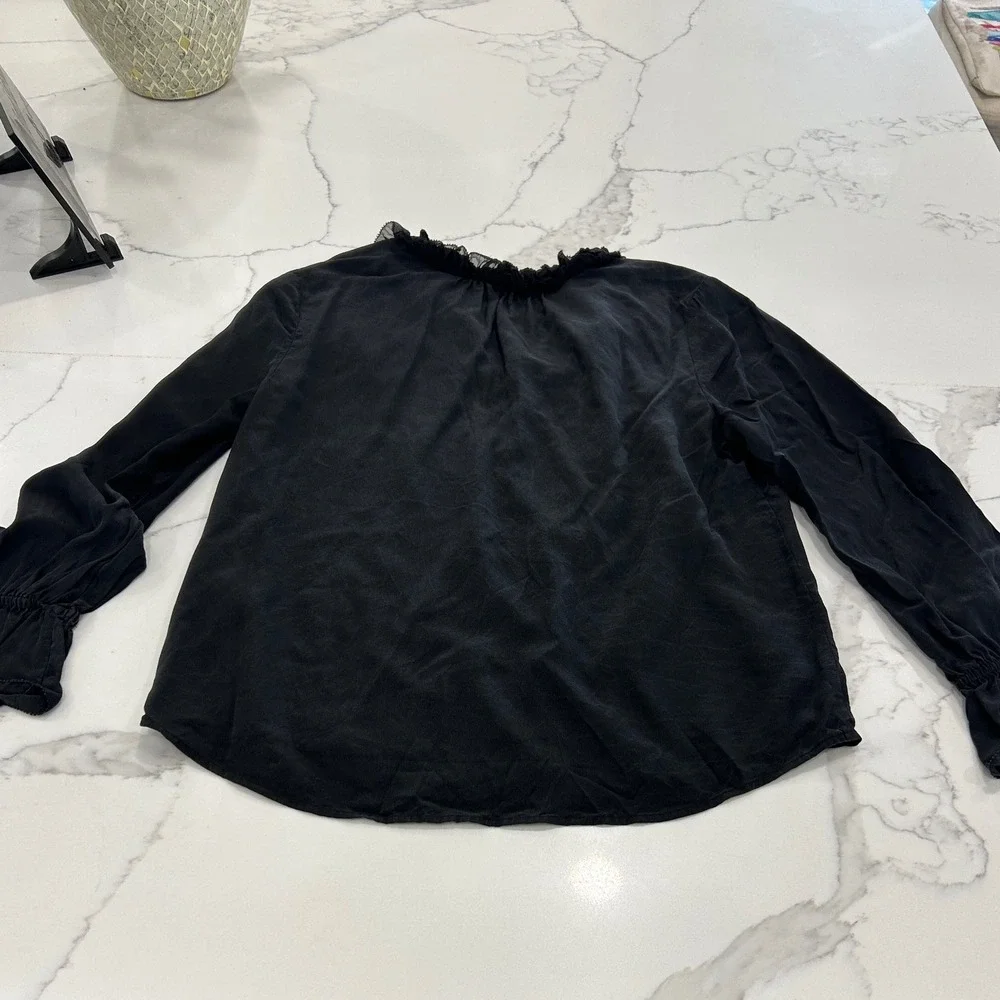 J. Crew Silk Ruffle Neck Long Sleeve‎ Black Blouse Top S-M